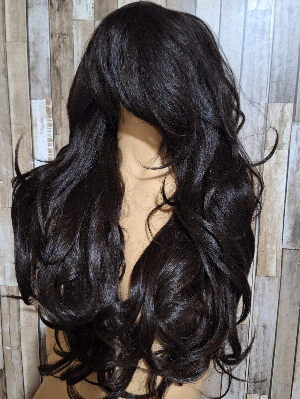 Dark Brown Long Wavy  Human Hair Blend Women's Wig with Side Bangs